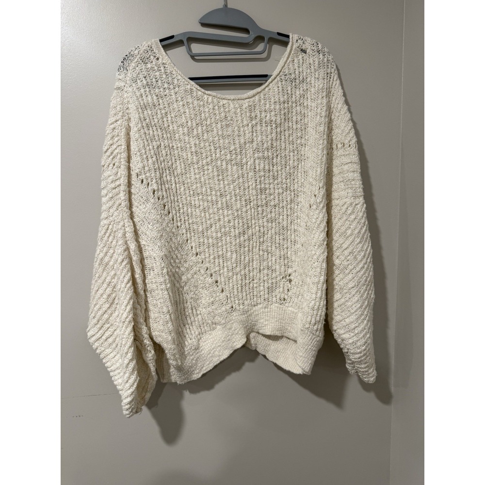 By Anthropologie Crewneck Batwing Sweater Ivory Knit Chunky Oversized XL Boho